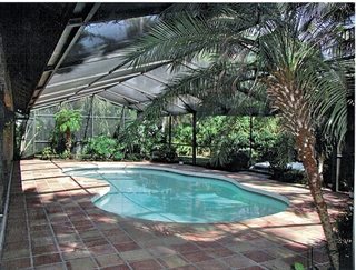 Screened pool with some debris from interior landscaping