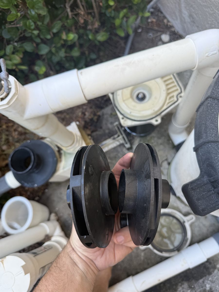 Replacement pool pump impeller next to the disassembled pump during a Sundays Pools repair in Sarasota