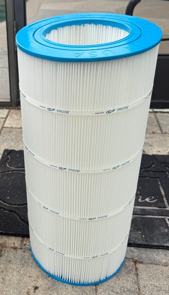 Same filter cartridge cleaned to pristine white after service